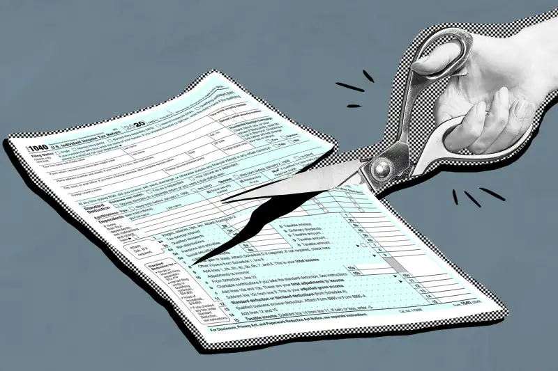 Collage of a hand cutting a 1040 Tax Form with a pair of scissors