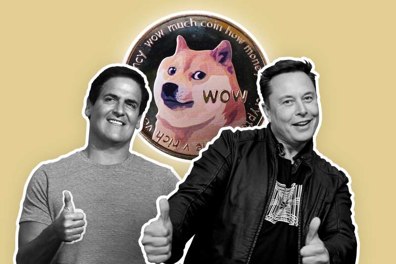 Mark Cuban And Elon Musk Giving Thumbs Up In Front Of Large Dogecoin