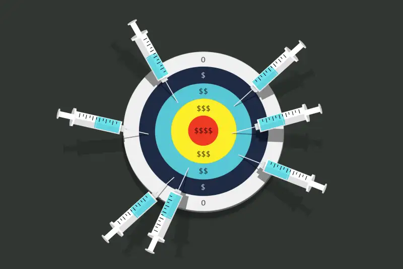 A bullseye covered in unused vaccines, and how much it could cost the person insurance wise.