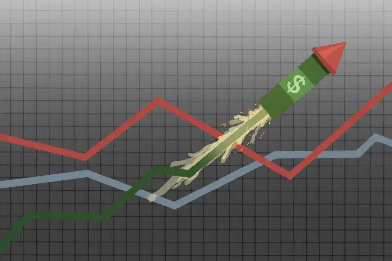 Chart of rising stocks with a dollar sign rocket ascending upwards