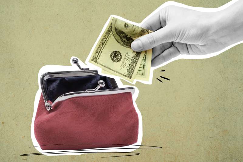 Collage of a hand putting a one hundred dollar bill into a velvet coin purse