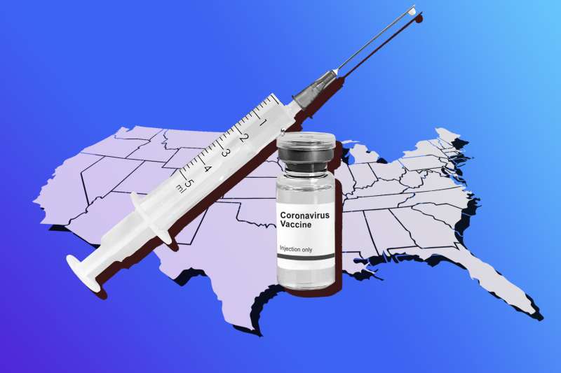 United States map with Covid 19 vaccines syringe