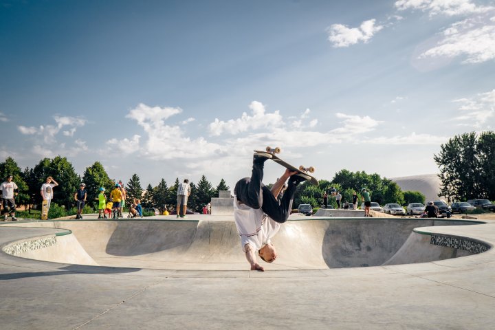 A skater performs an aerial trick at Rosemount Skate Park in Minnesota