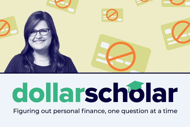 Dollar Scholar banner with don't use credit card icon in the background.