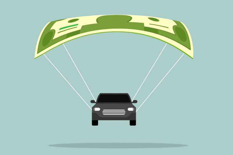 A car floating downward with a dollar bill parachute (lowering cost of insurance)