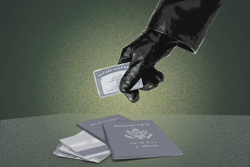 Photo-Illustration of a gloved hand takes a social security card from a pile of personal and private documents