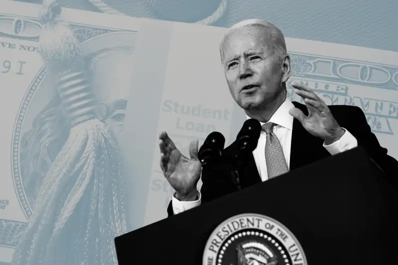 Collage of Joe Biden with a close up of a one hundred dollar bill on a graduation cap in the background.