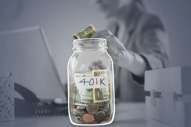 Woman Placing A Dollar Bill Inside A Mason Jar Labeled 401k