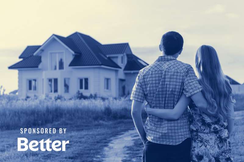 Photo of couple hugging looking at a house in the distance. Photo has text on top: Sponsored by Better.