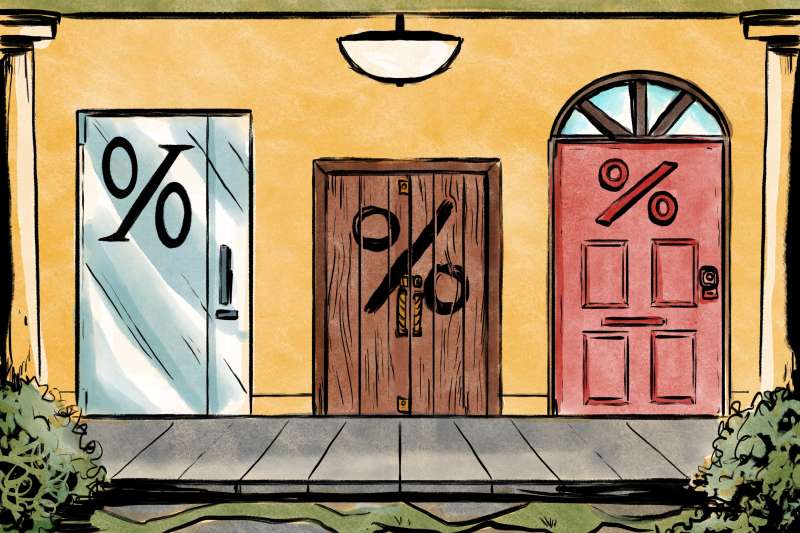 Illustration of a house with three doors with different percentage signs drawn on them.