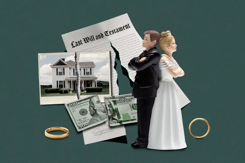 A wedding cake topper of an angry couple next to wedding rings and a split Last will and Testament