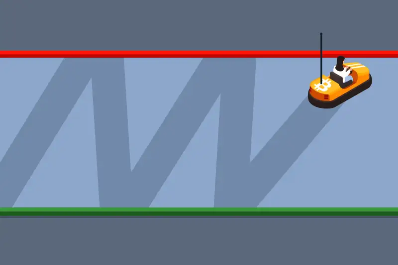 Mimicking a support/resistance chart with the red=resistance, green=suport and a bumper car (Bitcoin) staying within the boundaries.