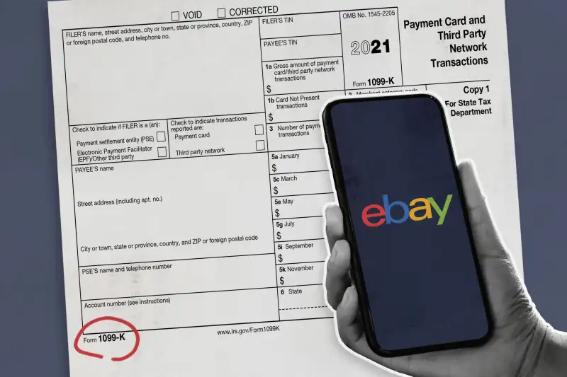 Hand Holding Phone With Ebay Logo On Screen Over A 1099K Tax Form