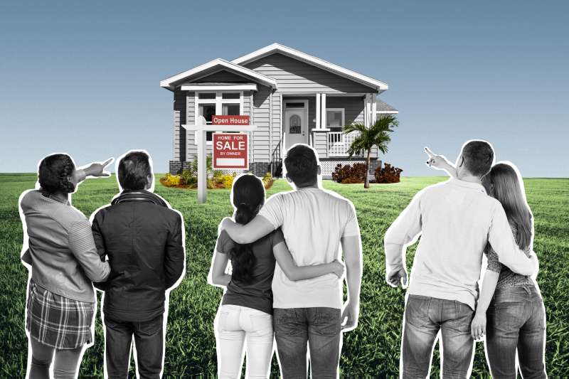 Multiple couples observe and point at a house at a distance that's for sale