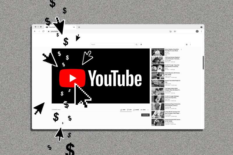 Screenshot of a Youtube page with multiple cursor arrows hitting the play button and dollar symbols in the background