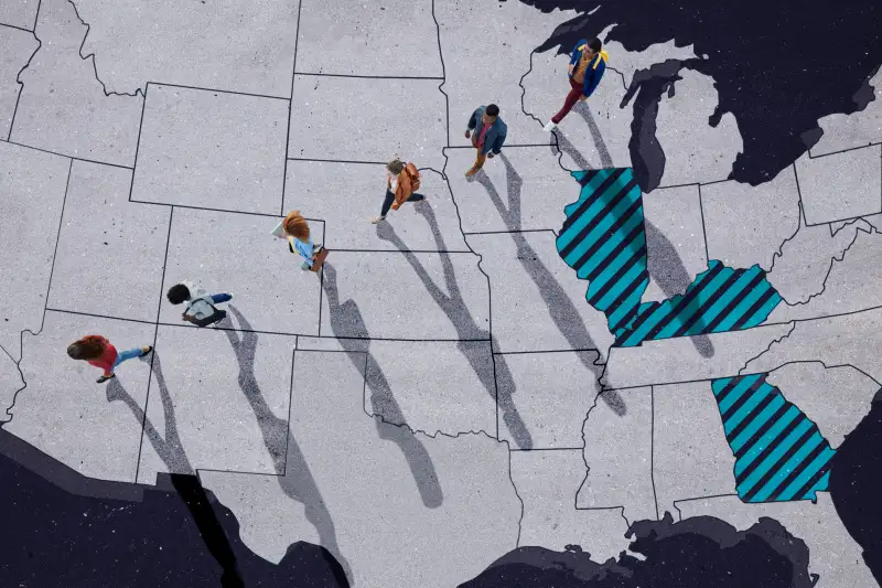 Group of young adults walking on top of a United States Map where Georgia, Illinois and Kentucky State are highlighted