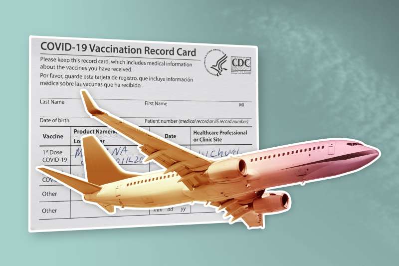 Plane Flaying With A Large Vaccination Card Behind It