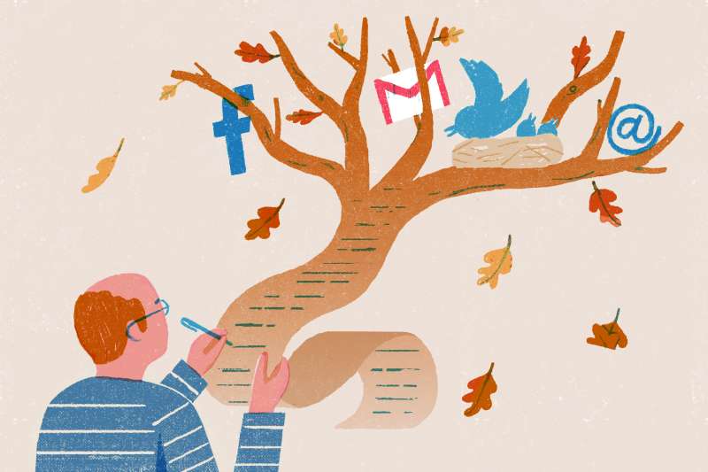 Illustration of man writing his will on a piece of paper that takes shape of a tree where there are multiple social media icons