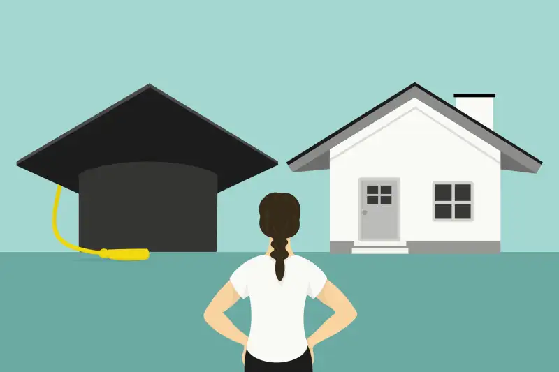 A graduation cap and a house sitting side by side equally, and a woman standing between the two trying to decide where to put her money first.