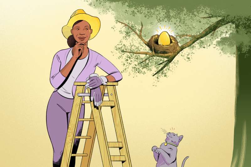 Illustration of a woman and her cat watching an egg in a nest tree, waiting for it to hatch.