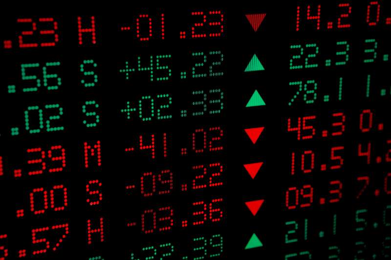 Close-up of Stock Market price numbers in red and green