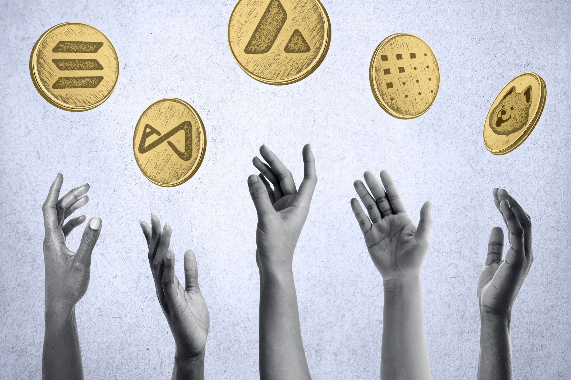Collage of five hands reaching out to grab the Solana, Axie Infinity, Avalanche, Fetch.AI and Samoyed crypto coins