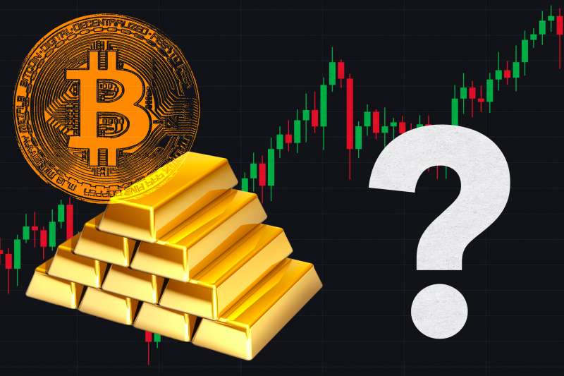Stock market graph representing inflation with a bitcoin and some gold bars overlayed. A question mark is on the side.