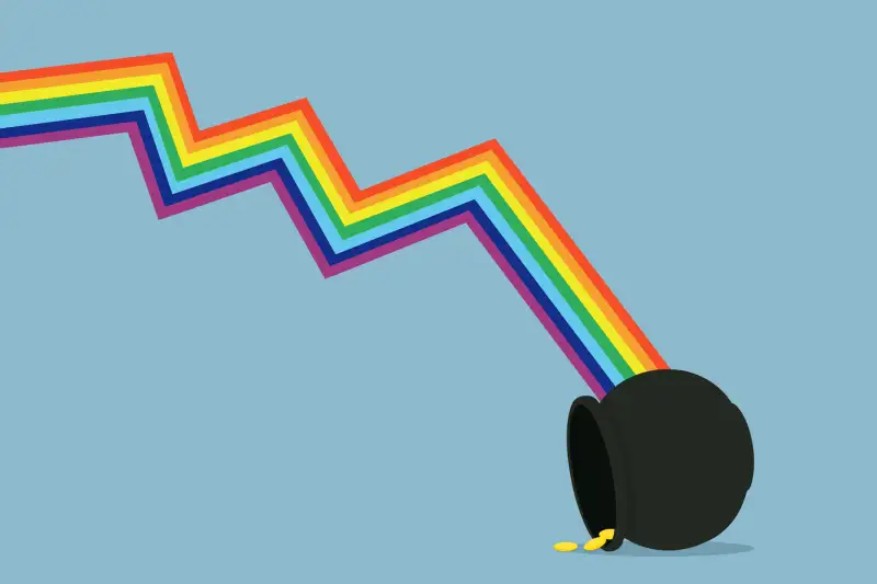 Rainbow Graphic Dipping Into A Pot Of Gold That Has Been Turned Over And Has Almost No Coins Inside