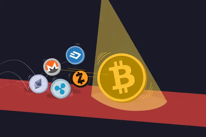 Illustration of a cryptocurrency race where Bitcoin is in the spotlight but other crypto coins are slowly catching up.