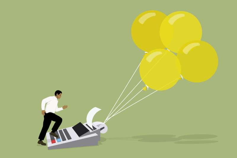 Illustration of a man sprinting onto a calculator that is being pulled away by balloons