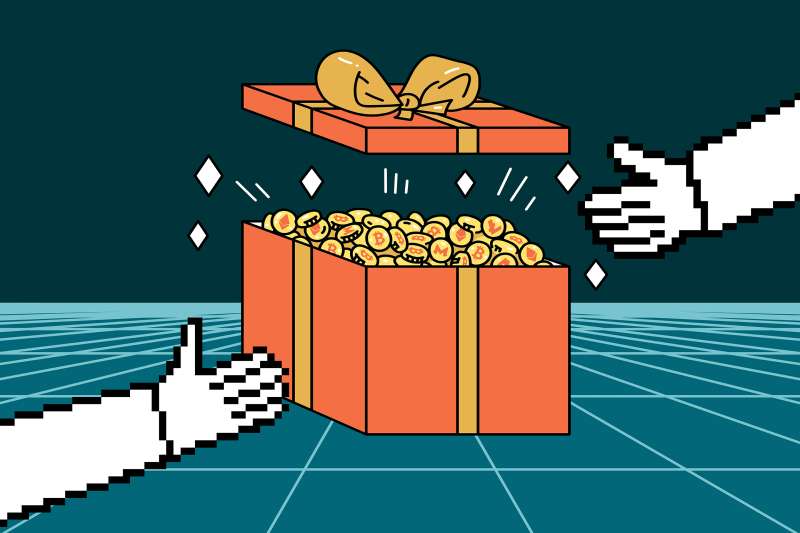 Illustration of two pixelated hands exchanging a gift box filled with crypto coins