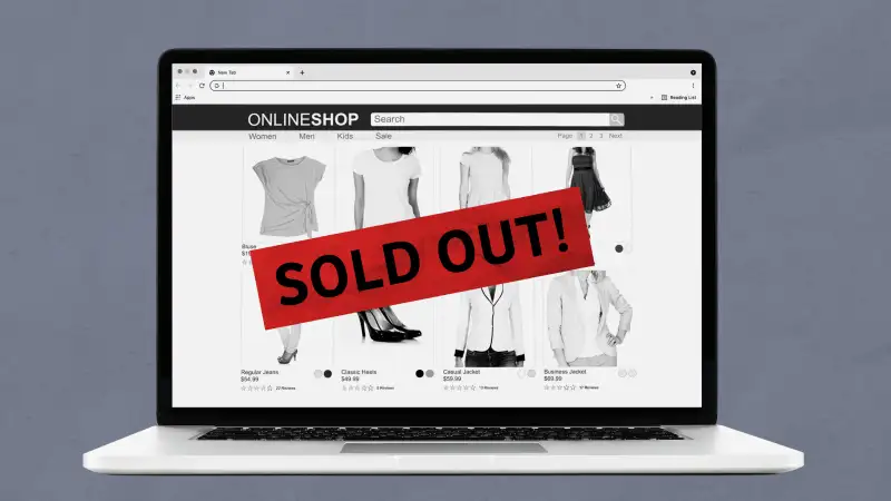Laptop showing an online store with a Sold out sign