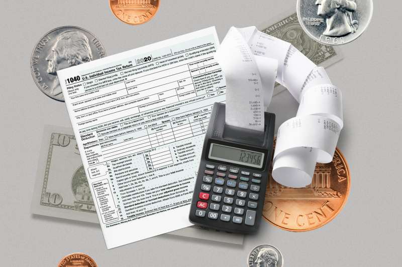 Photo collage of a 1040 Income Tax Return Form and an office printing calculator with coins and dollar bills in the background