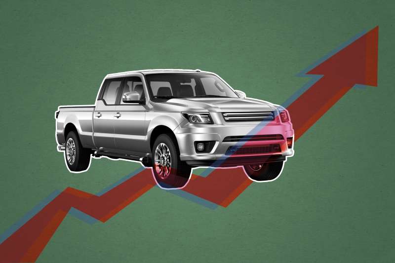 photo illustration of an SUV truck with a raising arrow overlaid on top.