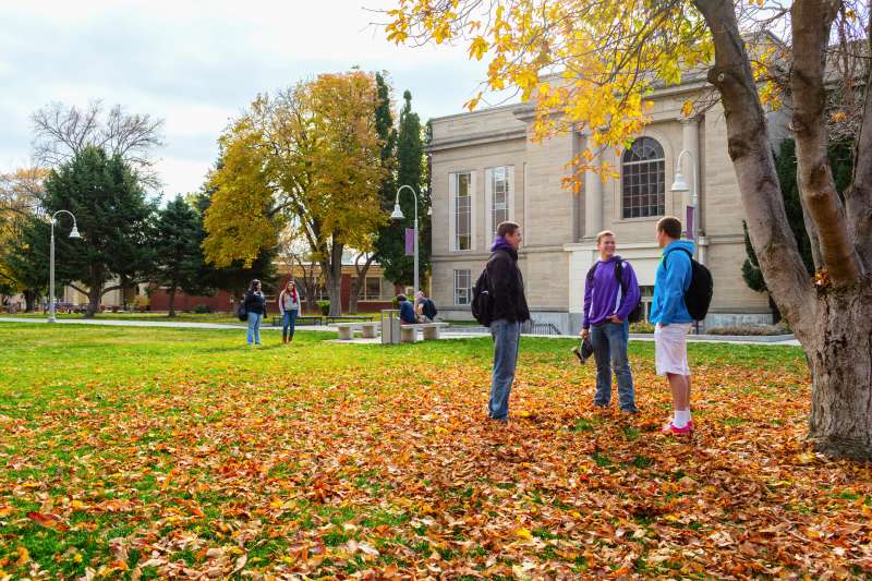 Students hang around a college campus in the fall.