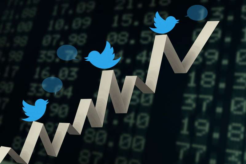 Photo illustration of a Dow Jones graph with many Twitter birds chatting on top of the different chart peaks