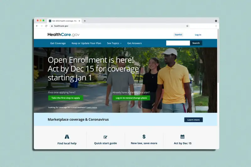 Screenshot the healthcare.gov website promoting the open enrollment for the 2022 Obamacare health plans