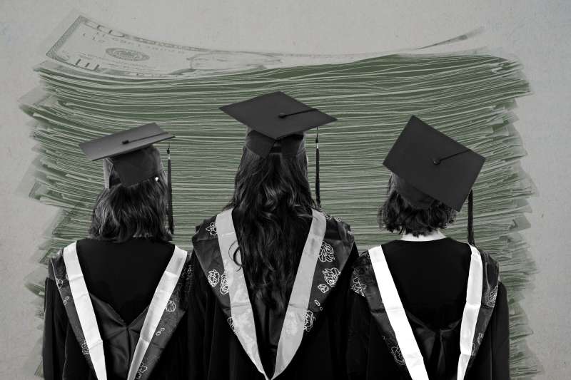 Collage of three graduate students from the back dressed in cap and gown, with a stack of dollar bills in the background