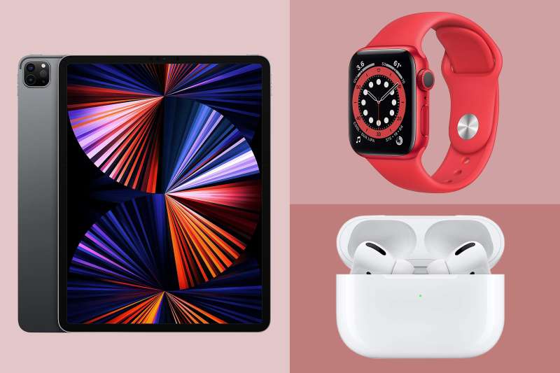 iPad Pro 12.9 (2021), Apple Watch Series 6 and the Apple AirPods Pro on a colored background