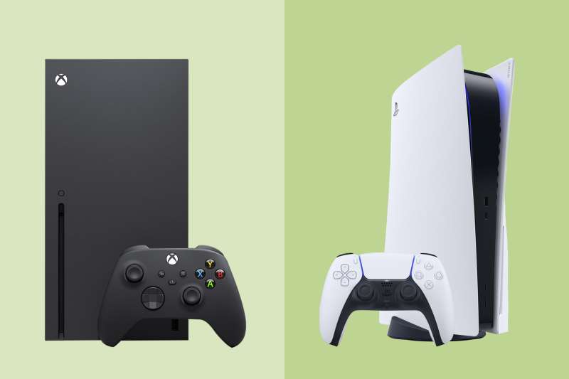 Sony PlayStation 5 and XBox Series X on a colored background
