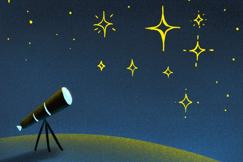 Illustration of a telescope looking into the sky, searching for the brightest star
