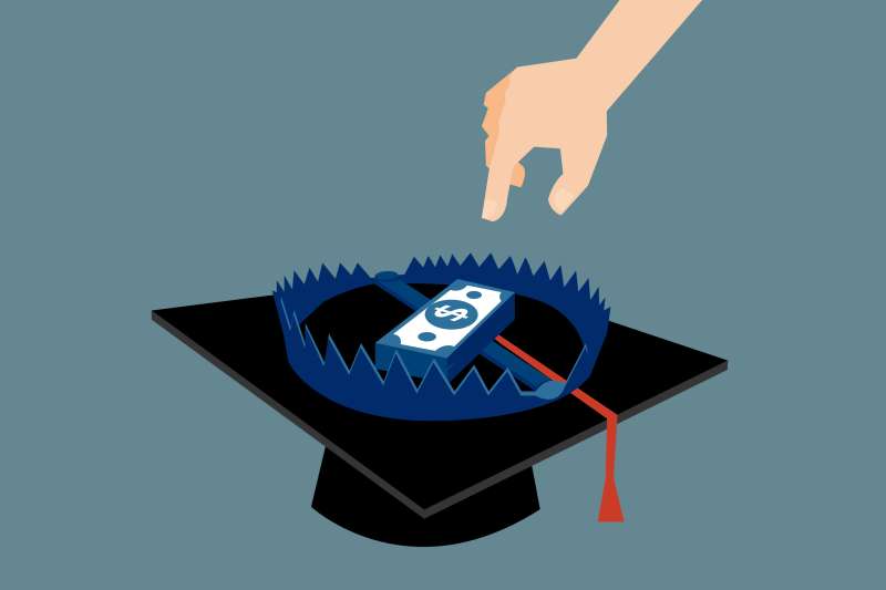 Hand reaches out to grab a stack of cash inside a bear trap. The bear trap is on top of a graduate cap signifying student loans scams