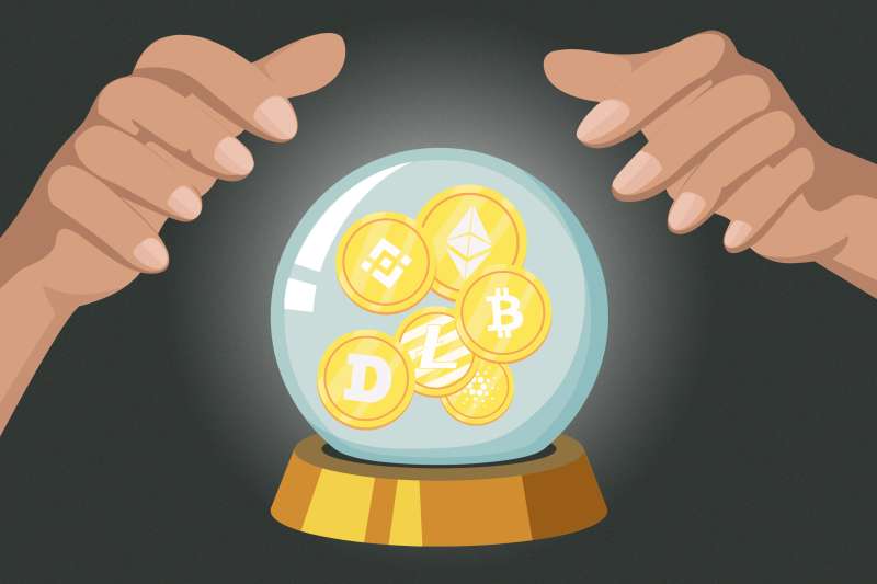 Illustration of two hands hovering around a crystal ball showing cryptocurrency coin predictions