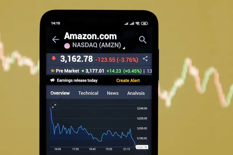 Close up of a smart phone with Amazon.com Stock Market Chart