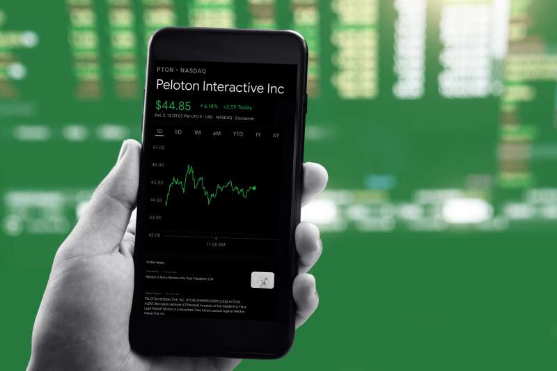 Close up of a hand holding a smart phone with Peloton Interactive Inc. Stock Market Chart