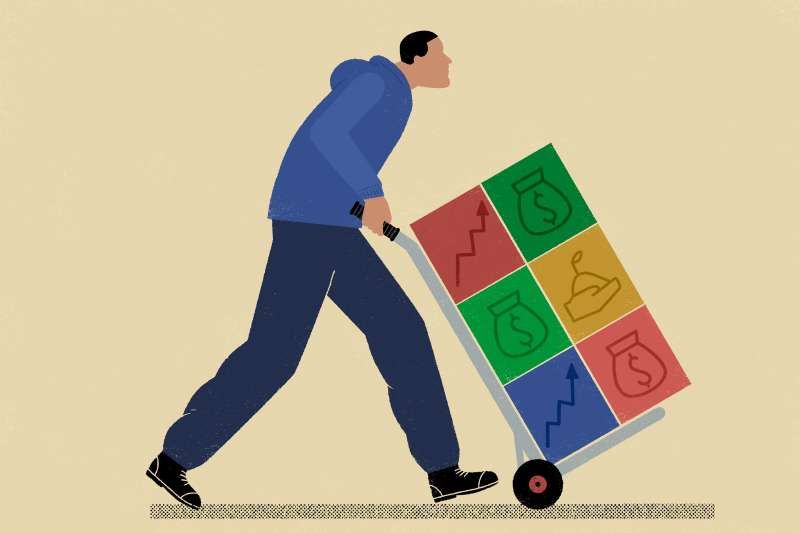 Illustration of a man pushing forward a utility cart carrying different stocks and bond investments