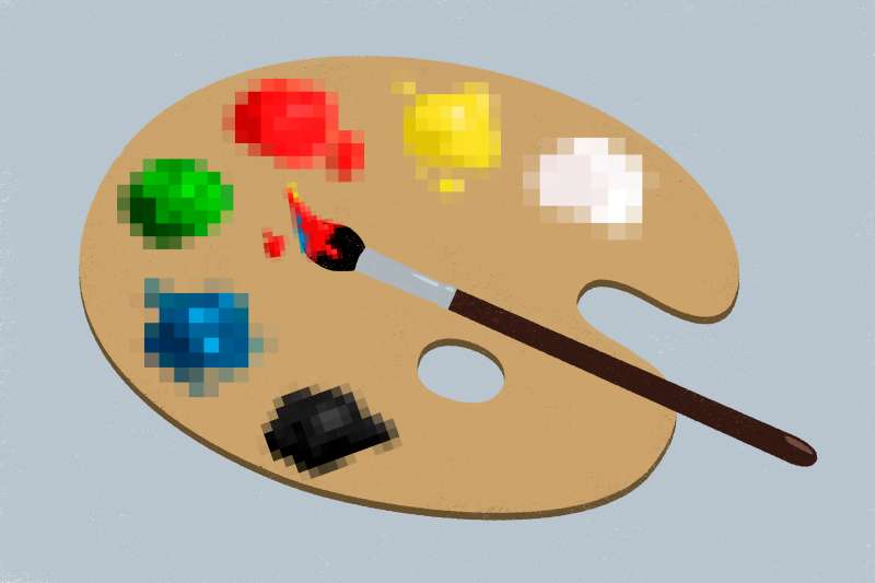 Illustration of a wooden painting palette with multiple pixelated colors