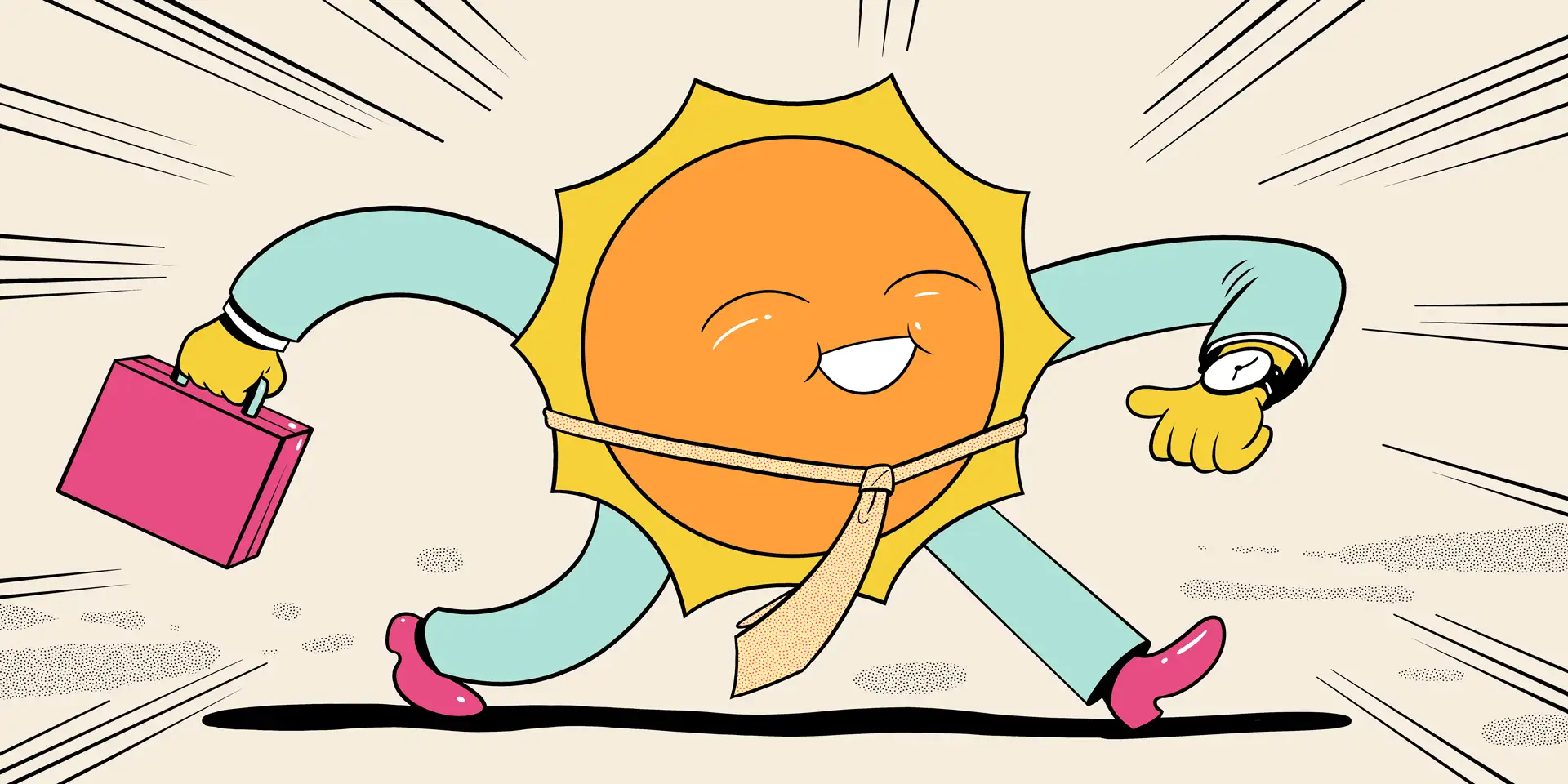 A happy sun carries a suitcase, walking forward.