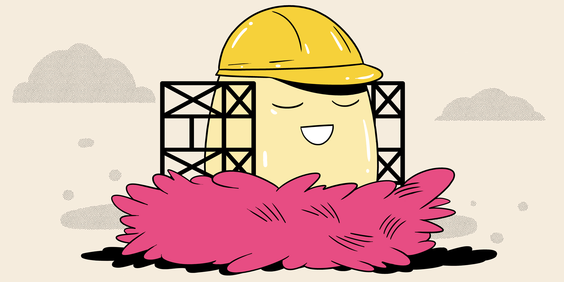 Nesting egg is surrounded by construction structure and construction hat.