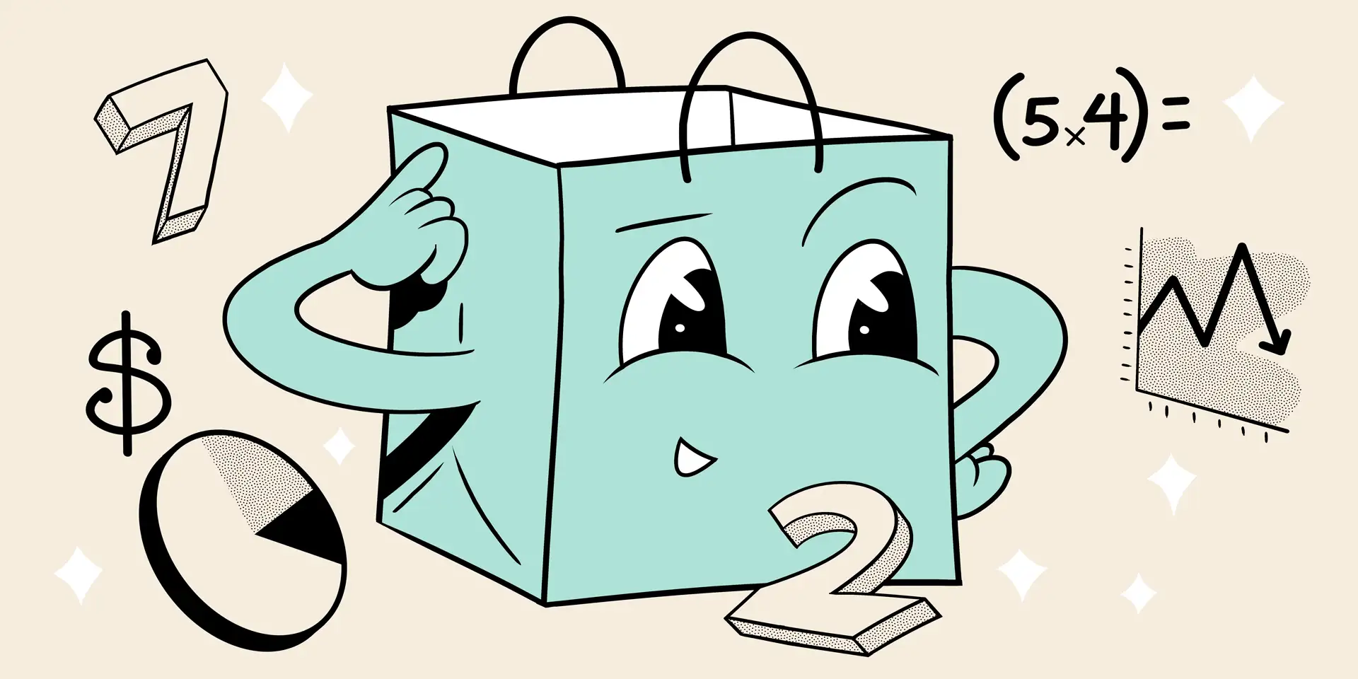 A shopping bag tries to figure out the math around it.